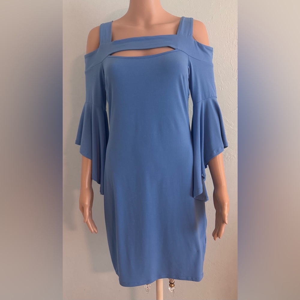 Venus cold-shoulder dress with bell sleeves sky blue M